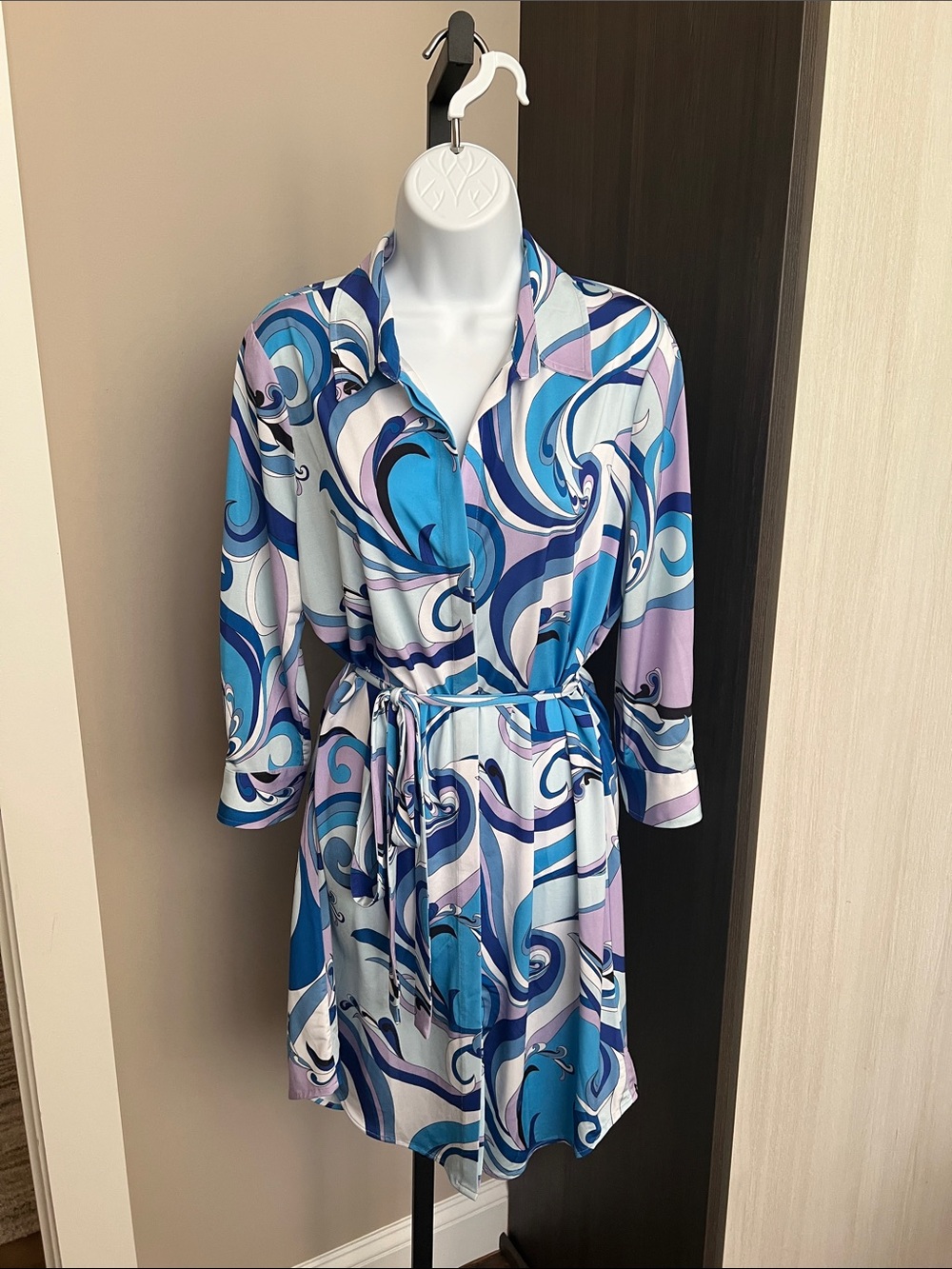 L'AGENCE Blue, Lilac & White Swirl Mini Shirt Dress